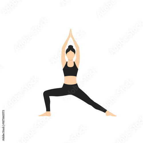 A woman is depicted in a warrior yoga pose, showcasing a balanced and centered posture.