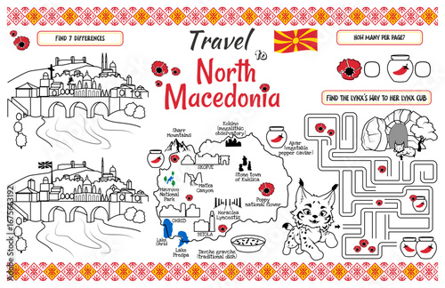 A fun placemat for kids. Printable Travel to North Macedonia activity sheet with a labyrinth and find the differences. 17x11 inch printable vector file