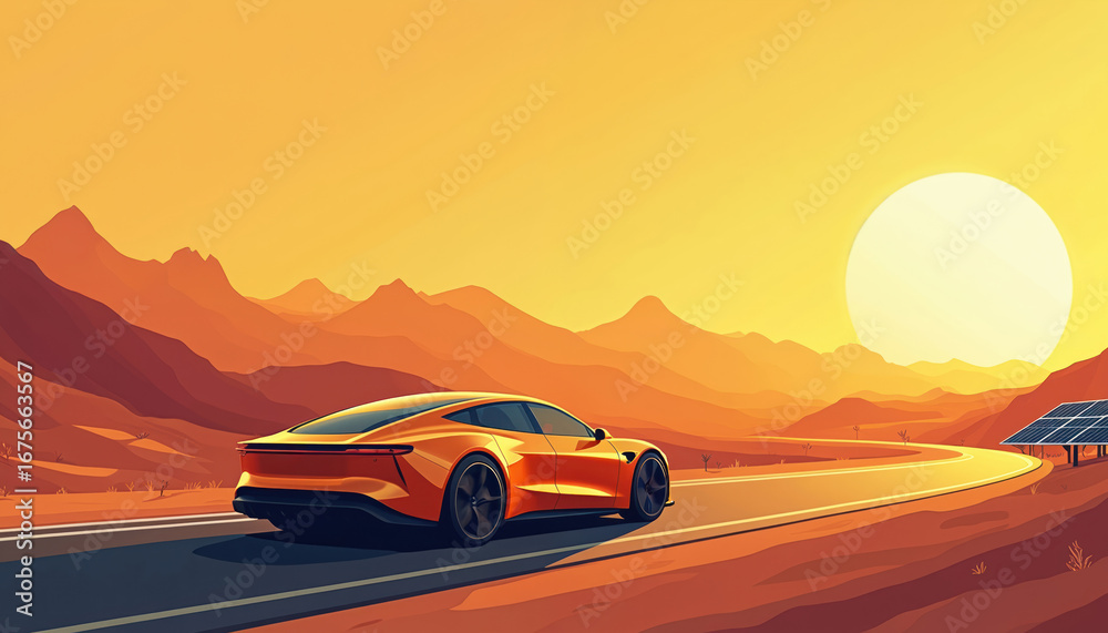 Fototapeta premium Orange electric car drives on desert road at sunset. Solar panels line route, hinting at sustainable energy powering modern vehicle. Mountains, vast landscape surround car, creating sense of immense,