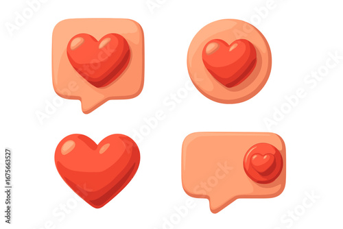 3D social media notification love icon set. Red heart like button. User interface comment & follower symbol. Cute cartoon plasticine render for UI UX design. Web bubble.