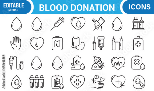 Editable outline icons of blood donor symbols including drop, syringe, transfusion, and stethoscope