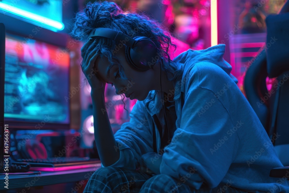 Fototapeta premium Frustrated female gamer experiencing disappointment in a colorful gaming setup while immersed in her gameplay during nighttime hours