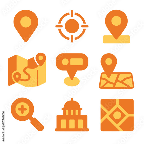 Glowing navigation icons with warm tones and map symbols