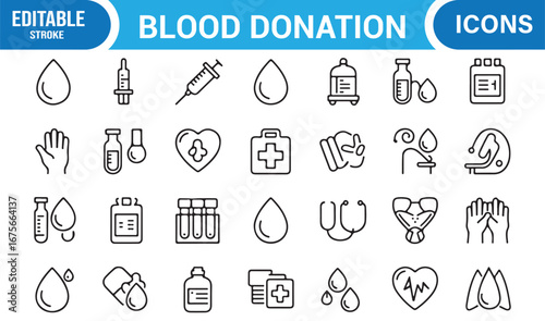 Thin stroke hospital blood transfusion vector icons pack with health and wellness elements