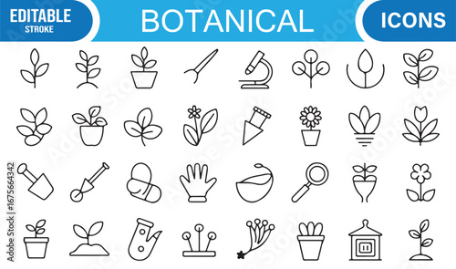 Outline botanical icons collection featuring eco-friendly tools, herbal jars, and scientific symbols