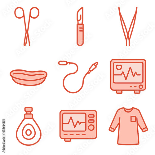 Red linear icons of medical equipment on blurred background