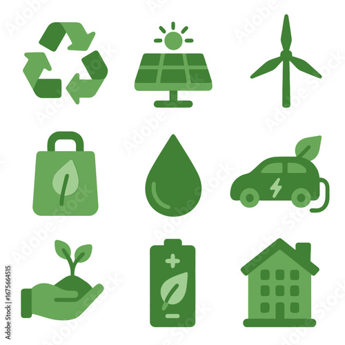 Eco-friendly icons on green background featuring renewable energy and sustainability symbols