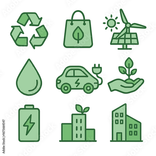 Eco-friendly icons: renewable energy, green living, sustainability symbols