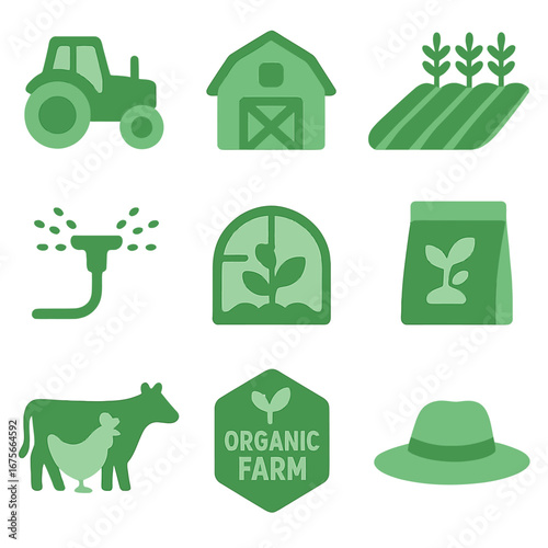 Sustainable farming icons set featuring agriculture and organic elements
