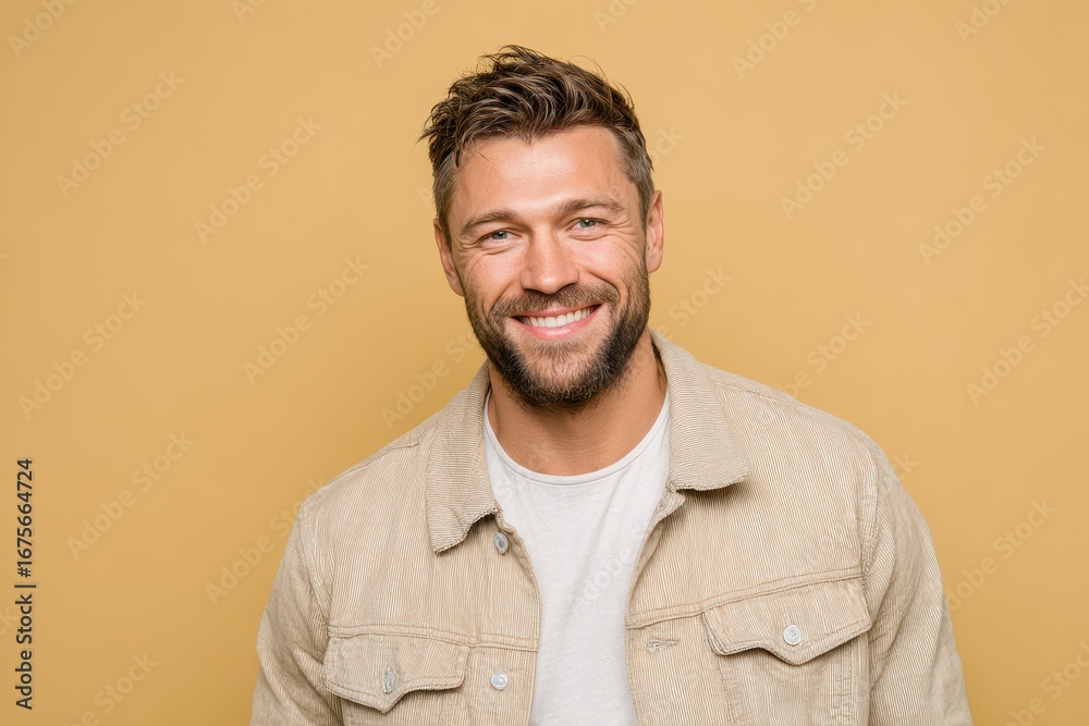 Fototapeta premium Handsome man in casual attire smiles confidently against a warm yellow background, radiating happiness and success in a vibrant portrait
