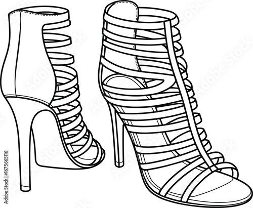 High heel gladiator sandal illustration, open toe, strappy design, fashion footwear, stylish women’s shoe, tall heel, summer style, elegant accessory, trendy outfit, footwear design