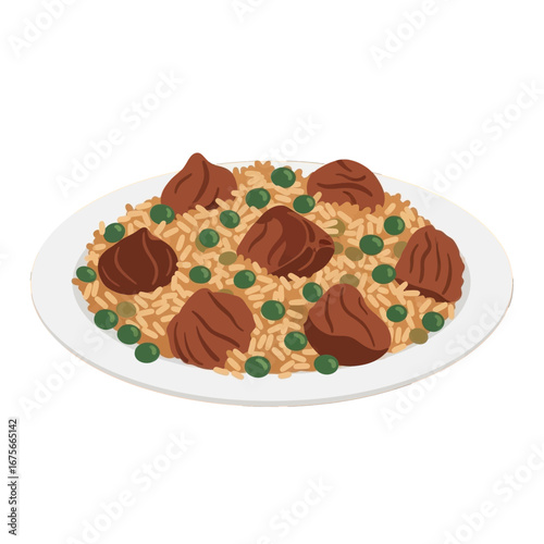 A colorful illustration of a plate of rice, peas, and savory meat, showcasing a delicious dish.