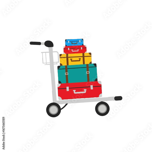 Colorful suitcases stacked high on a luggage cart against a simple black background.