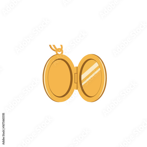 A golden, oval-shaped locket, open and displaying an empty interior, is shown against a black backdrop.