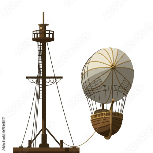 A stylized illustration of a vintage wooden ship's mast supporting an airship, showcasing a blend of nautical and aerial elements.