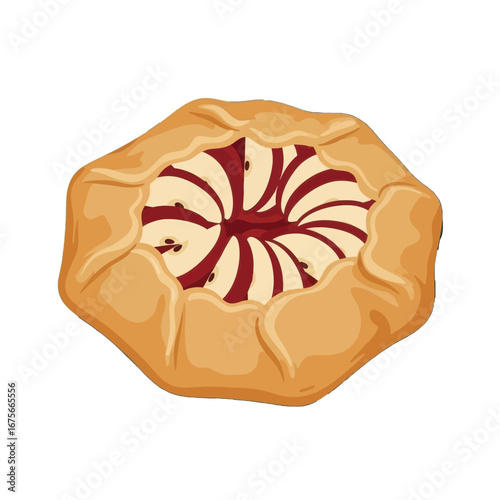 A detailed illustration showcases a savory  galette, with golden-brown pastry and vibrant red-pink filling, highlighting sliced apples arranged in a decorative pattern.