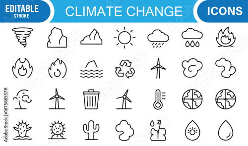 Climate change stroke icons pack featuring sun, cloud, flood, warming, recycle, and carbon emission