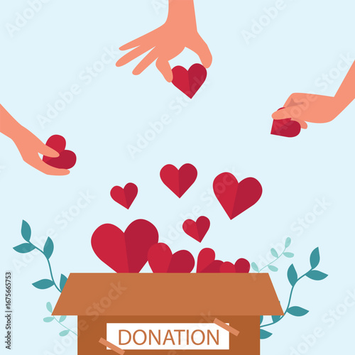 Hands giving heart in charity box . Large donation for needy people, hand donate love compassion concept Vector illustration.