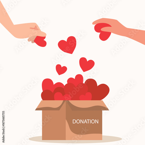 Hands giving heart in charity box . Large donation for needy people, hand donate love compassion concept Vector illustration.