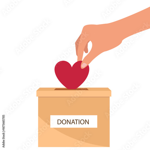 Hands giving heart in charity box . Large donation for needy people, hand donate love compassion concept Vector illustration.