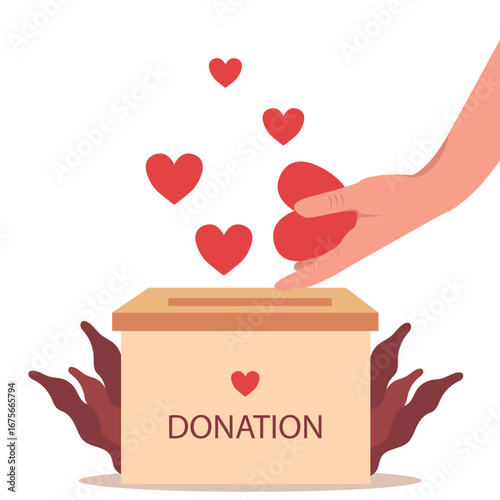 Hands giving heart in charity box . Large donation for needy people, hand donate love compassion concept Vector illustration.