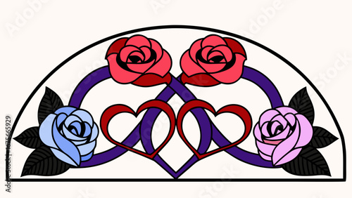 Floral design with intertwined hearts and colorful roses 