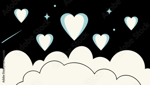 Whimsical hearts floating above clouds in a night sky illustration  