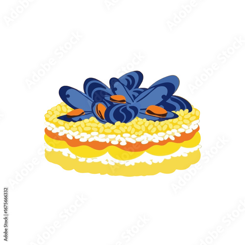 Colorful illustration of a layered dish, topped with mussels, showcasing vibrant yellow, orange, and blue hues.