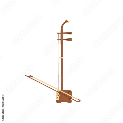 A simple illustration of a traditional erhu, a Chinese bowed string instrument, is presented against a stark black backdrop.