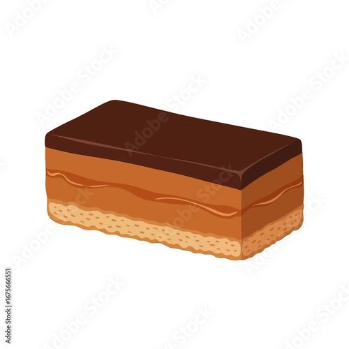 A delectable illustration of a rich caramel and chocolate confection, angled to showcase its layered structure.