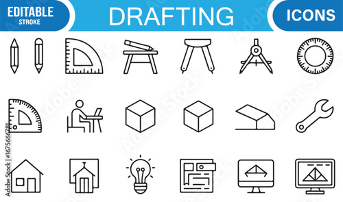 Drafting and architecture stroke icons set featuring engineering, design, and CAD illustrations