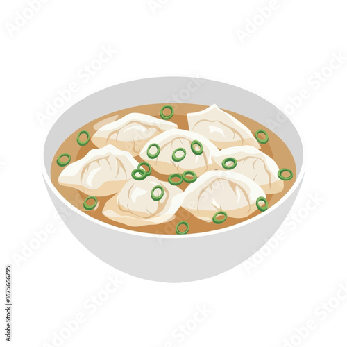 A bowl of steaming dumplings in a light beige broth, garnished with fresh green onions, is presented in a simple, appetizing illustration.
