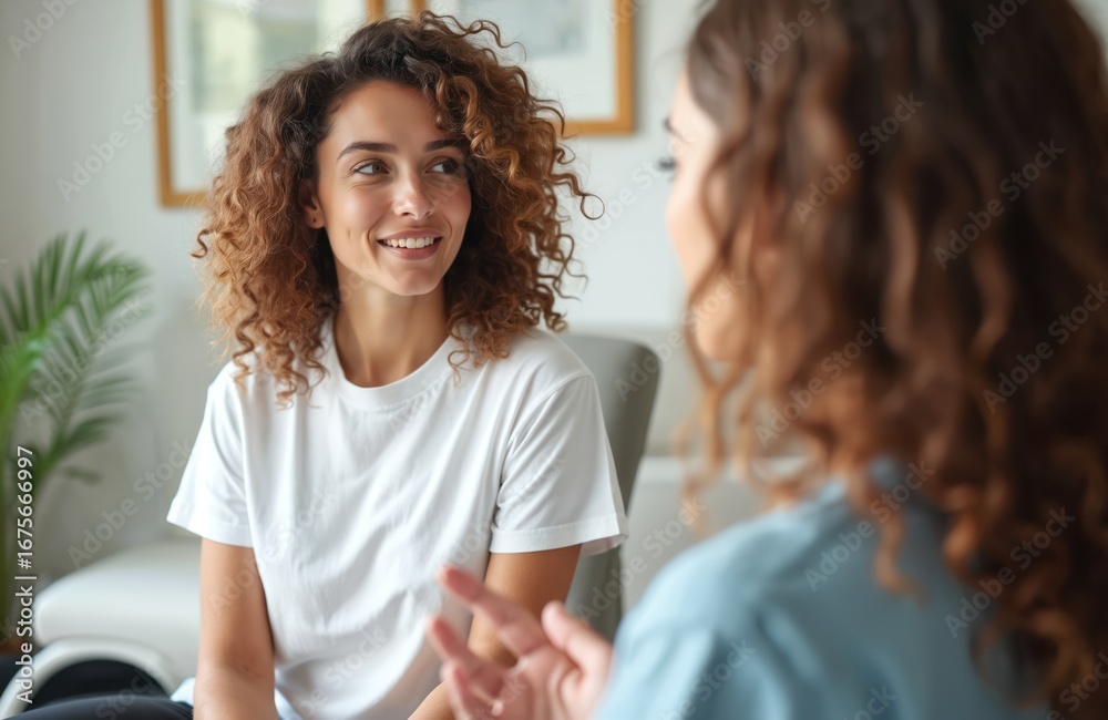 Fototapeta premium Two women engage in discussion in bright medical office. One doctor consults with patient, offering advice, therapy. Friendly interaction signifies positive healthcare experience, patient wellness.