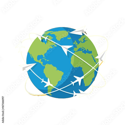 A globe, surrounded by paper airplanes, signifying global travel and interconnectedness.