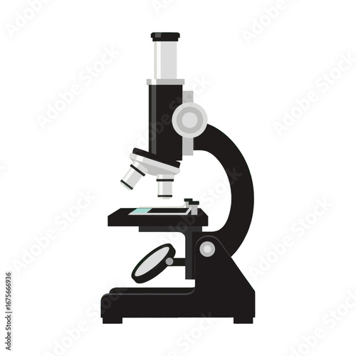 A simple, stylized illustration of a black microscope against a stark black background.
