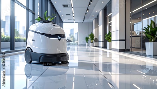 Smart cleaning technology in action as an autonomous robotic floor scrubber maintains a pristine and sustainable modern office environment