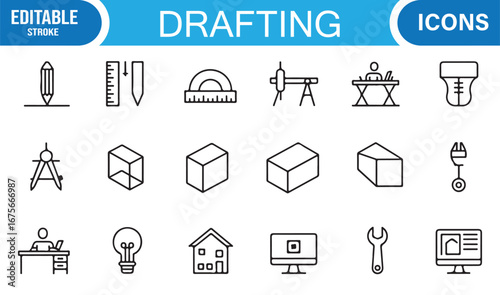 Editable stroke drafting icons collection for construction, geometry, CAD, and technical design