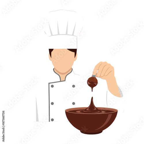 A chef dips a chocolate truffle into a bowl of melted chocolate.