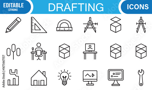 Drafting stroke icons pack featuring pencils, compasses, rulers, technical drawings, and CAD screens