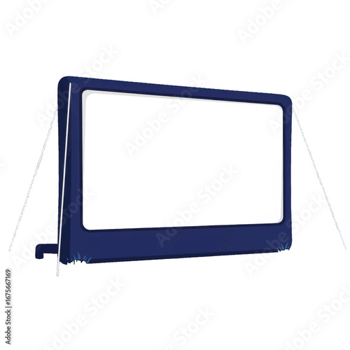 Portable inflatable  screen, dark navy blue with white surface, ready for an outdoor  show.