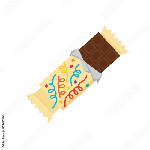 A delectable chocolate bar in vibrant packaging, complete with celebratory decorations, is presented against a stark black background.
