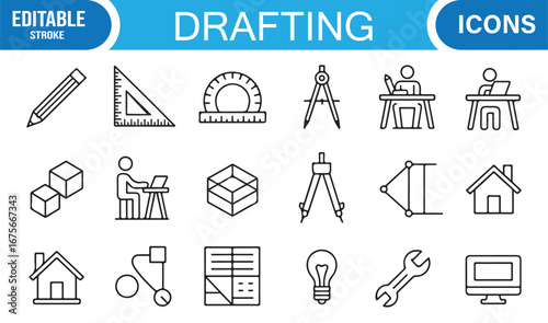 Editable drafting icons set with compass, ruler, pencil, CAD software, and blueprint symbols