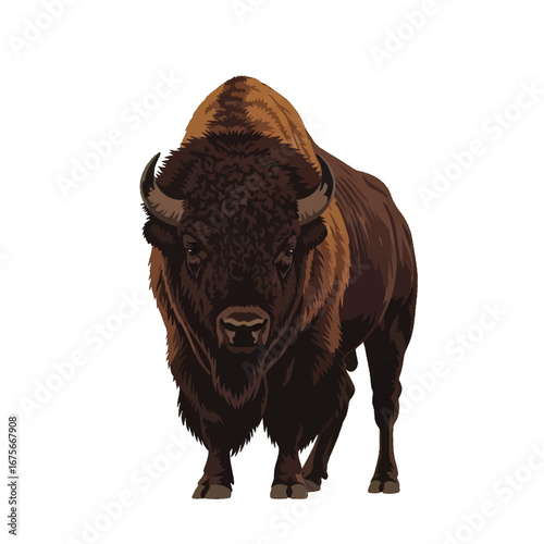 Bold and detailed illustration of a majestic bison against a stark black backdrop.