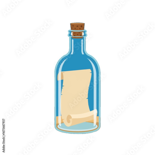 A stylized illustration of a blue glass bottle containing a rolled parchment scroll.