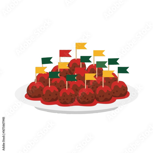 A platter of colorful meatball appetizers, adorned with small flags, is displayed in a simple, bold design.