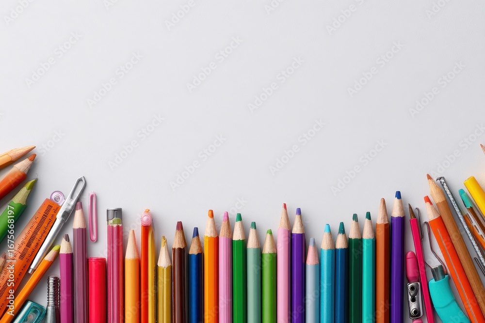 Fototapeta premium Colorful art supplies arranged on a white background with a border of colored pens enhancing creativity and artistic expression for passionate artists and hobbyists