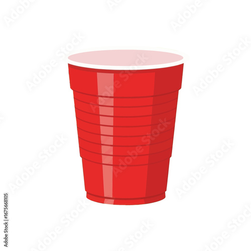A vibrant red plastic cup with a simple white rim is displayed against a stark black background.