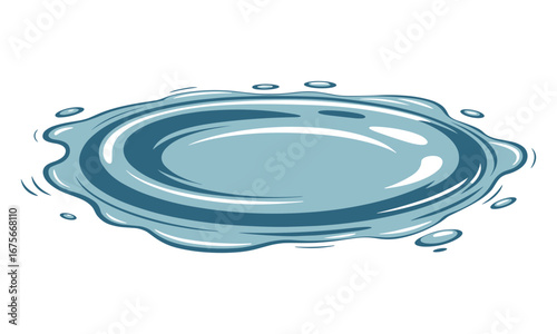 Blue Water Puddle with Ripples and Droplets on White Background liquid