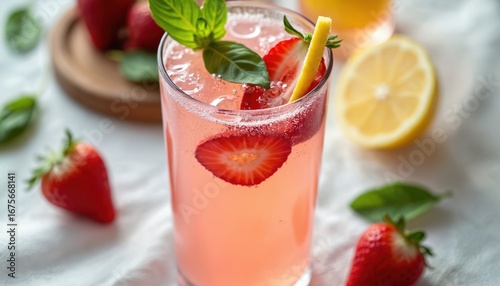 Wallpaper Mural Macro shot of chilled strawberry basil lemonade with rising bubbles. Fresh fruit drink on white tablecloth, garnished with strawberries, lemon slice, and basil leaves. Perfect summer refreshment. Torontodigital.ca