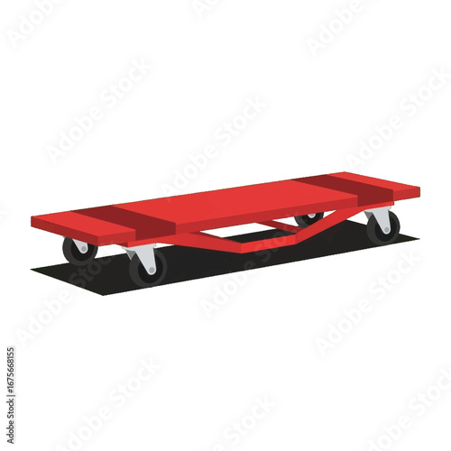 A flatbed transport cart with four wheels is shown in a vibrant red color.